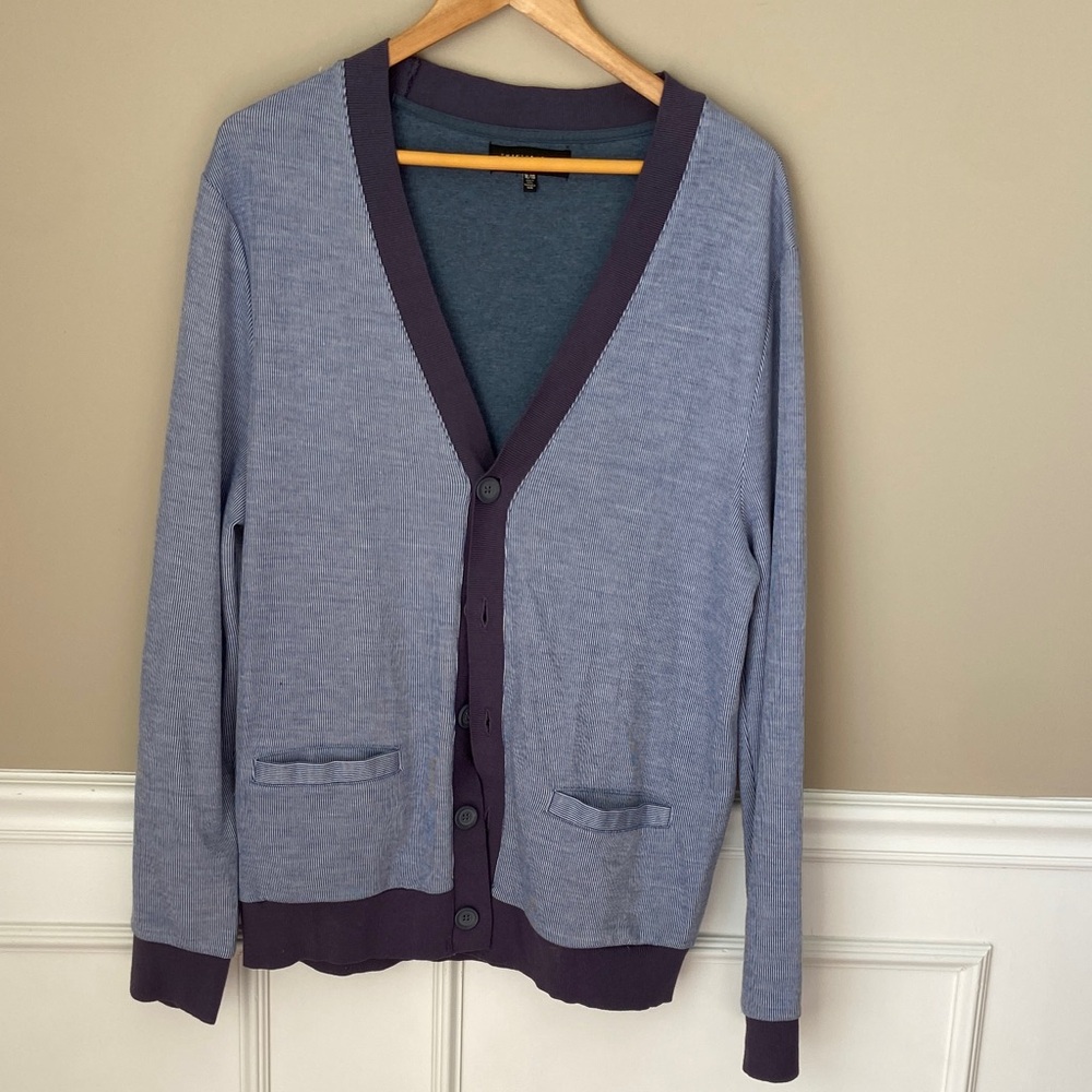 Men's Blue and White‎ All Season Stripe Cardigan Sweater- XL